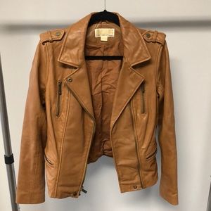 Michael by Michael Kors, tan genuine leather motorcycle jacket, size M